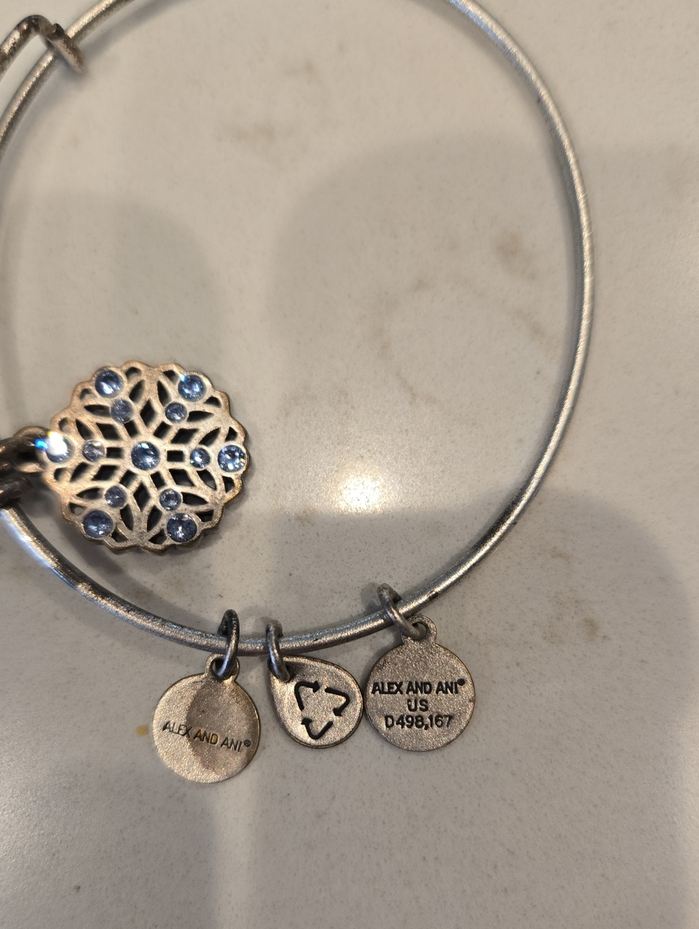 Alex and Ani Silver Tone Floral Blue Crystal Charm Bracelet